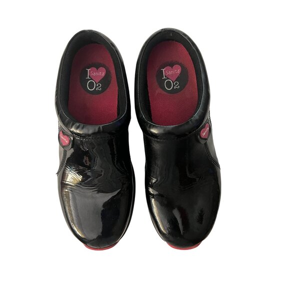 Sanita O2 Womens Black Patent Leather Slip-On Clogs With Red Soles - Picture 1 of 7